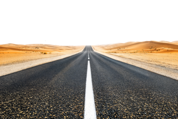 Straight road through a desert landscape with sand dunes isolated on transparent background