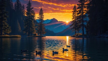 Ducks Swim Lake at Colorful Sunset with Pine Trees and Mountains
