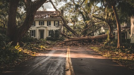 Naklejka premium Fallen Tree Blocks Road Near Damaged House