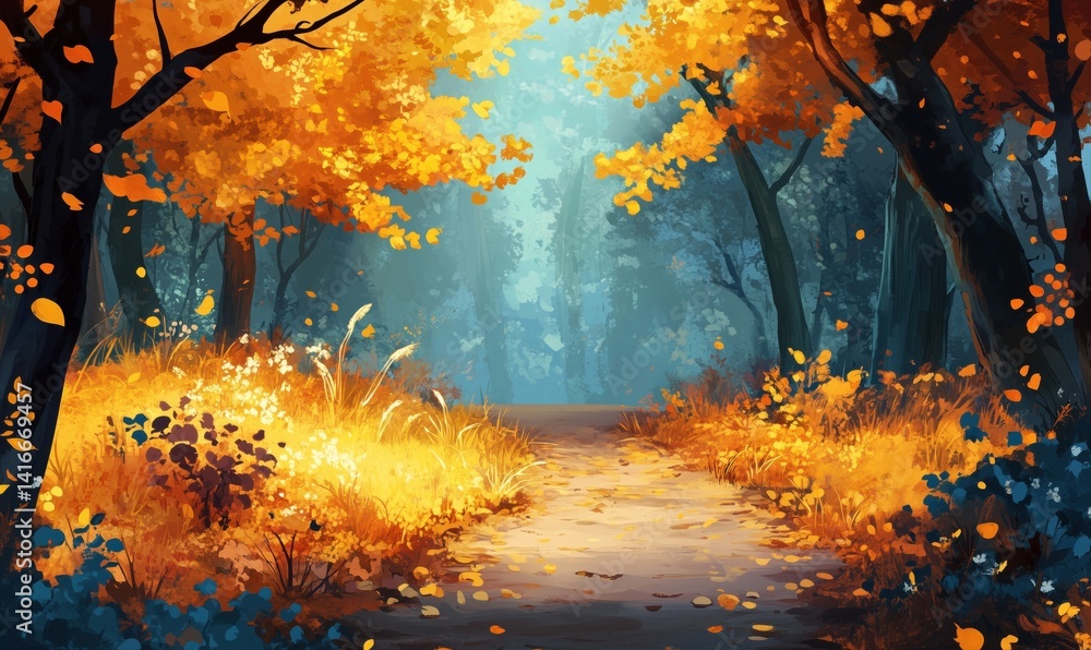 Poster autumn forest path with vibrant orange foliage and soft sunlight filtering through trees