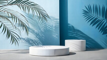 Fototapeta premium Minimalist Blue and White Abstract Background with Tropical Palm Leaf Shadows for Premium Cosmetic Product Presentation Podium 