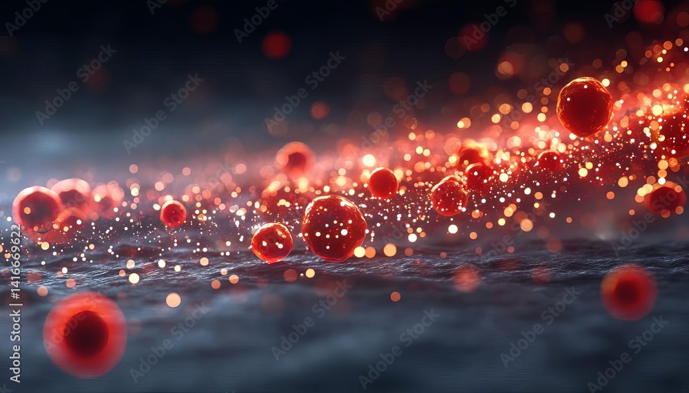 Poster abstract image of red particles glowing and flowing in a dark environment.