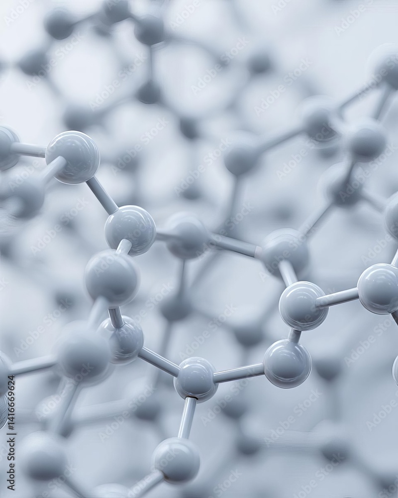 Poster close-up of molecular structure showcasing interconnected atoms in a scientific setup.
