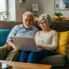 Elderly Couple Using Laptop Together at Home