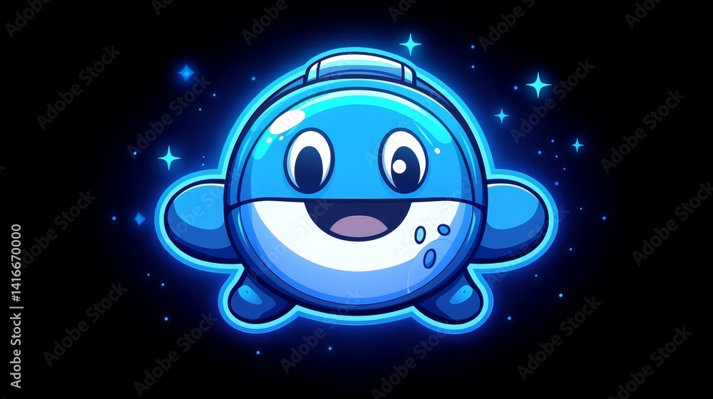 Poster enchanting 8-bit pixel art featuring a cheerful blue creature radiating with light against a stark b