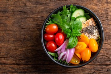 Fresh and colorful salad bowl with greens, tomatoes, and healthy toppings.