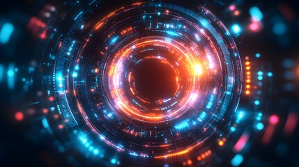 Abstract digital portal with glowing concentric circles.