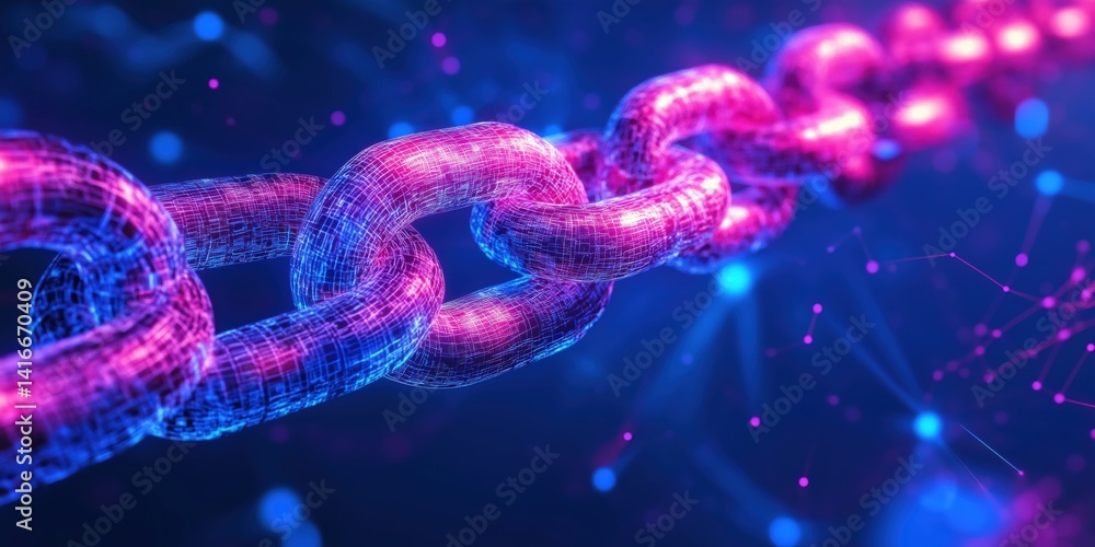 Poster digital blockchain chain link with glowing neon colors and abstract background