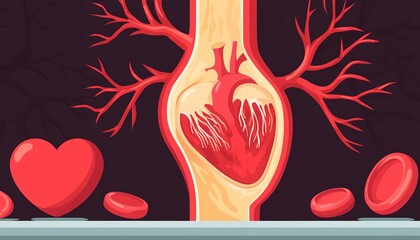 Illustration of a heart anatomy with arteries and blood cells in vivid colors.