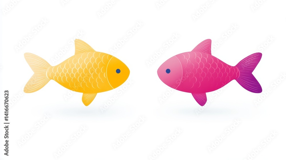 Poster two stylized fish facing each other in a minimal design with yellow and pink colors perfect for web 