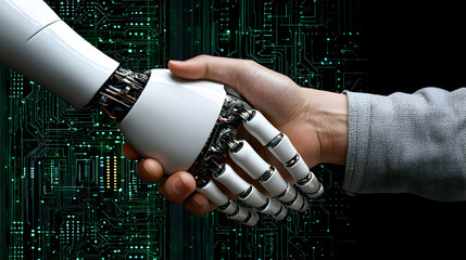 assistant serving coffee in a tech startup office, with an airbrushed abstract background representing the integration of AI in everyday life 