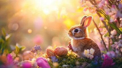 Deko-Hase im Osterei zwischen Blten und frischem Gras im Garten, im Hintergrund sanftes Sonnenlicht und lebendige Farben des Frhlings