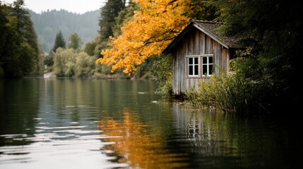 Obraz premium Serene Lake House Autumn Scenery Mountain Cabin Fall Foliage Water Reflection