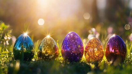 Five intricately designed Easter eggs shining in the sun, placed on a lush spring meadow for a festive and vibrant holiday atmosphere