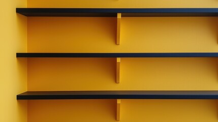 Yellow wall corner with three simple, horizontal black shelves