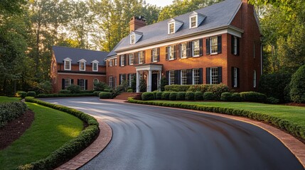Obraz premium Grand Brick House with Curving Driveway and Lush Landscaping