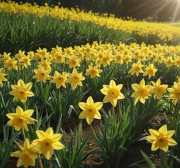 Fototapeta premium Sunlit daffodils burst forth in vibrant yellow against a verdant field , sunlit, bright, spring