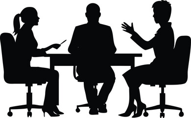Silhouette Of Three Diverse People Conferring Around A Table on White