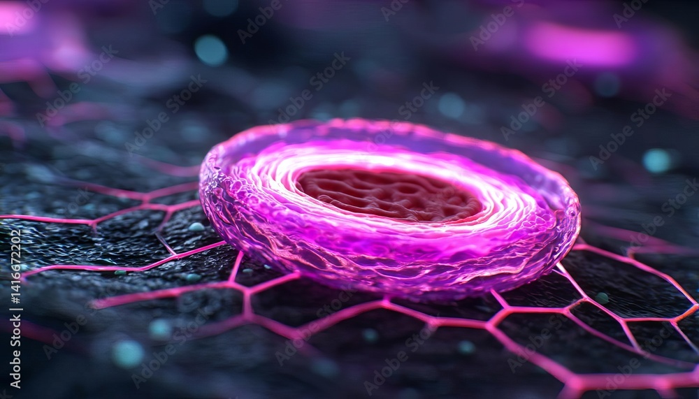 Aufkleber close-up view of a vibrant cell with intricate details and glowing structures.