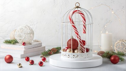 Candy cane inside a glass cage with sparkling baubles, displayed on a white podium. Blank space for product placement. (Podium)