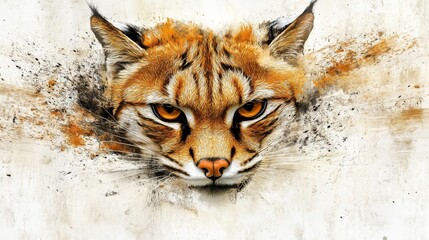 Abstract watercolor portrait showcasing the fierce gaze of a bobcat with dynamic brush strokes and a captivating blend of colors animalistic charm