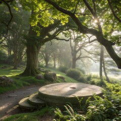 Natural forest scene with a flat stone podium surrounded by green branches. Space for advertising. (Podium)