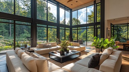 Obraz premium Modern House with Large Windows and Mountain View