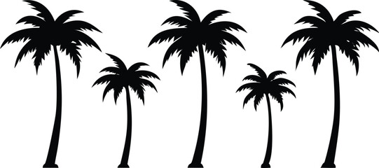 Fototapeta premium Six black Palm Trees with fronds silhouette on a transparent background