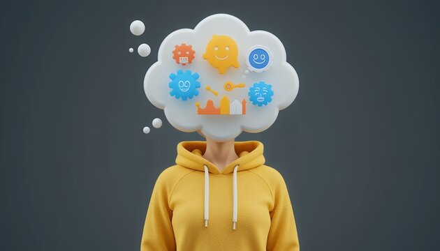 3D Render Woman in Yellow Hoodie with Giant Thought Bubble, Ideas, Creativity, and Cognition - Powered by Adobe