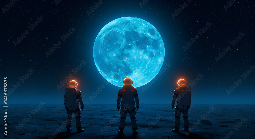 Poster Three Astronauts Staring at a Large Glowing Pixelated Blue Moon on a Desolate Planet Surface with Stars