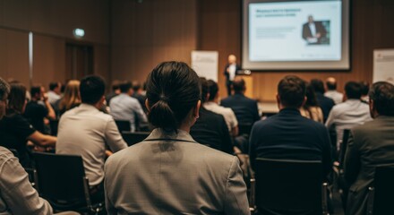 Business and entrepreneurship symposium. Speaker giving a talk at business meeting. Audience in the conference hall. Rear view of unrecognized participant in audience