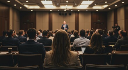 Business and entrepreneurship symposium. Speaker giving a talk at business meeting. Audience in the conference hall. Rear view of unrecognized participant in audience