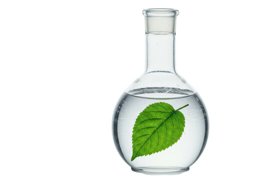 Isolated Round Bottom Flask with Water and Green Leaf