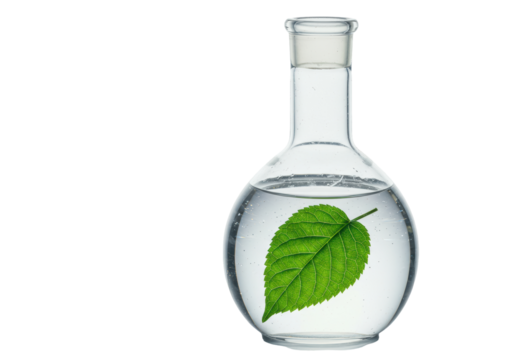 Isolated Round Bottom Flask with Water and Green Leaf
