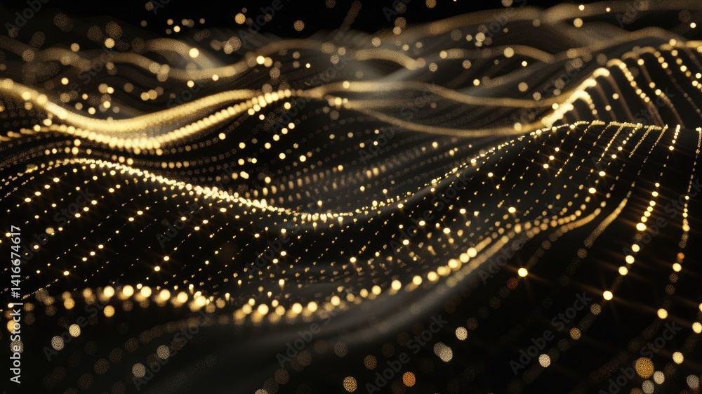 Poster this abstract image features luminous points and lines creating a dynamic wave effect against a blac