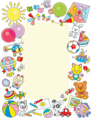 Childish colorful frame border for your text or photo with funny cartoony toys and baby animals, vector illustration on a white background