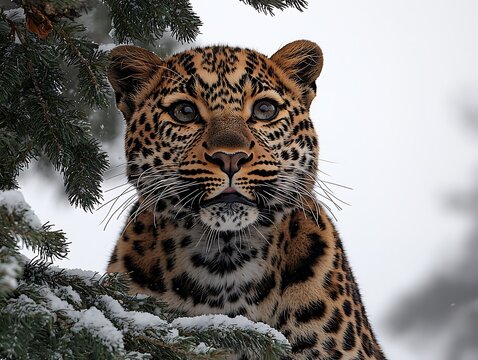 Majestic snow leopard portrait amongst snowy fir branches.