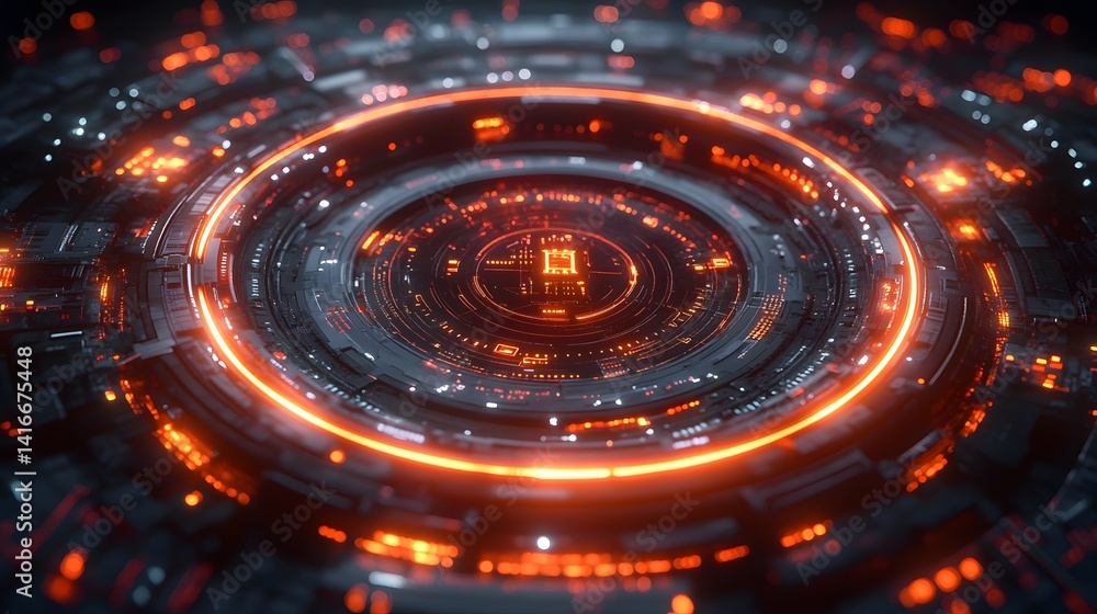 Poster intricate, glowing concentric circles form a futuristic technological interface.