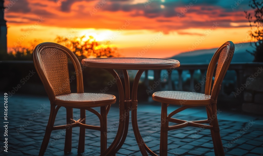 Poster sunset view with wicker table and chairs in outdoor setting