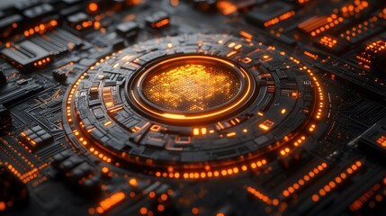 High-tech circuit board with glowing circular energy core.