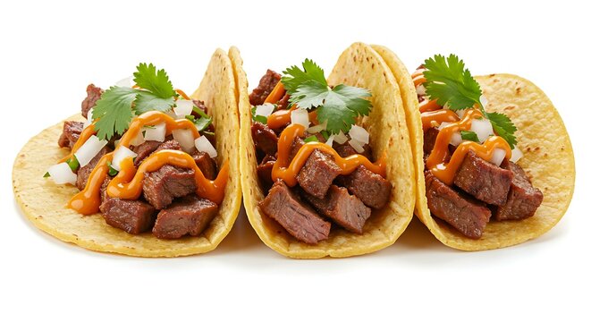 Chicken tinga tacos with chipotle sauce on white background Chic