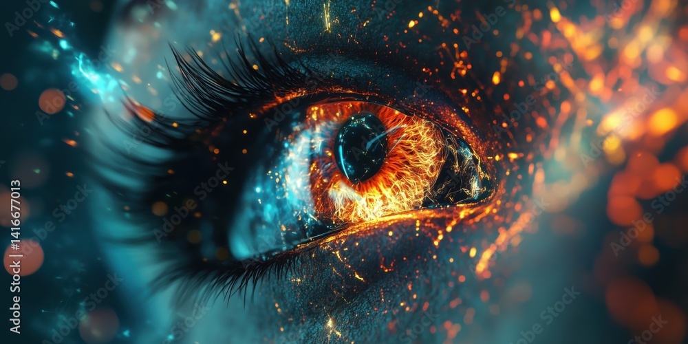 Poster vibrant close-up of an eye with fiery and cosmic elements creating a surreal effect