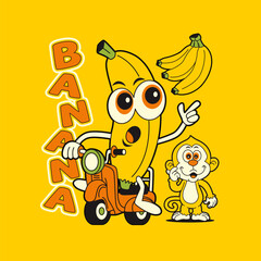  cute banana with new scooter, Natural fruits, isolated Flat Vector Illustration