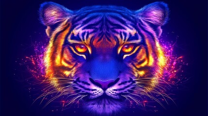 Vibrant tiger head portrait with neon colors and cosmic energy radiating from its majestic features artistic illustration for posters