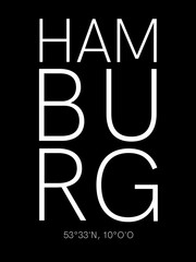 Stadtname Hamburg auf schwarzem Hintergrund und seine Koordinaten
