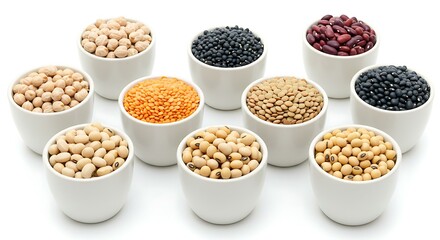 Fototapeta premium Legumes in cups on a white background Legu