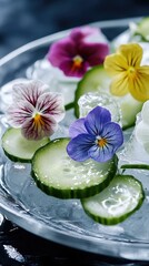 Edible flowers and cucumber ribbons elegantly presented on ice in a translucent dish