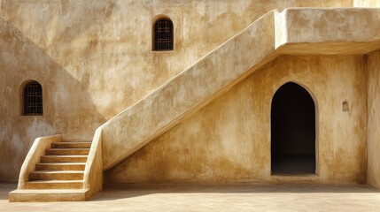 Beige Stone Building Exterior with Staircase and Doorway