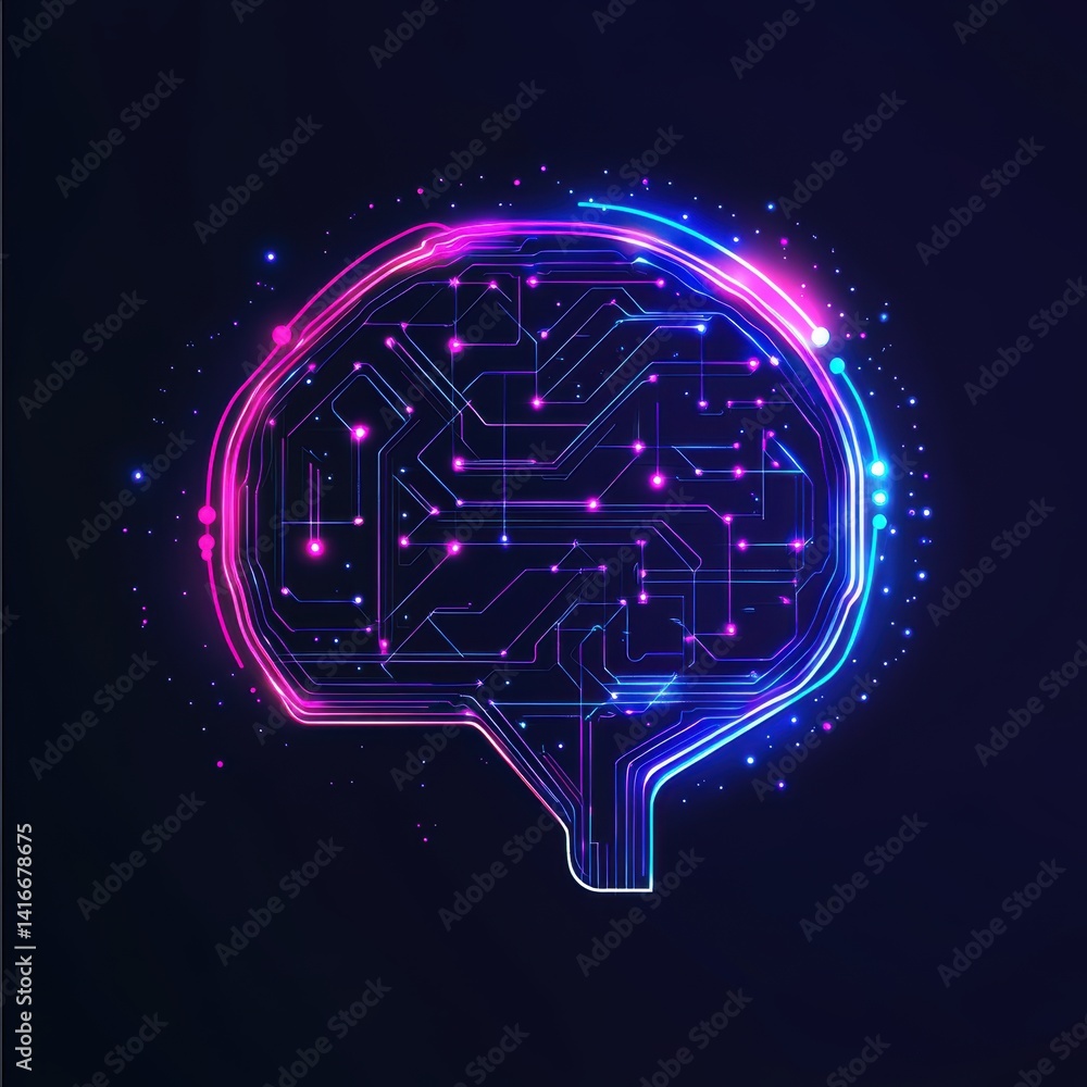 Poster digital brain circuitry: artificial intelligence concept with neon glow and intricate electronic pat