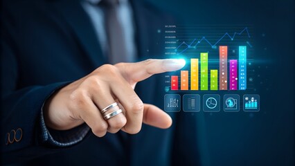 Businessman interacting with digital financial data and analytics interface for investment growth